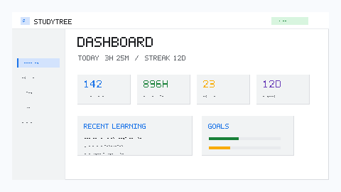 StudyTree light Material 3 demo showing Dashboard, Skill Tree, Pomodoro, Daily Log, and Heatmap